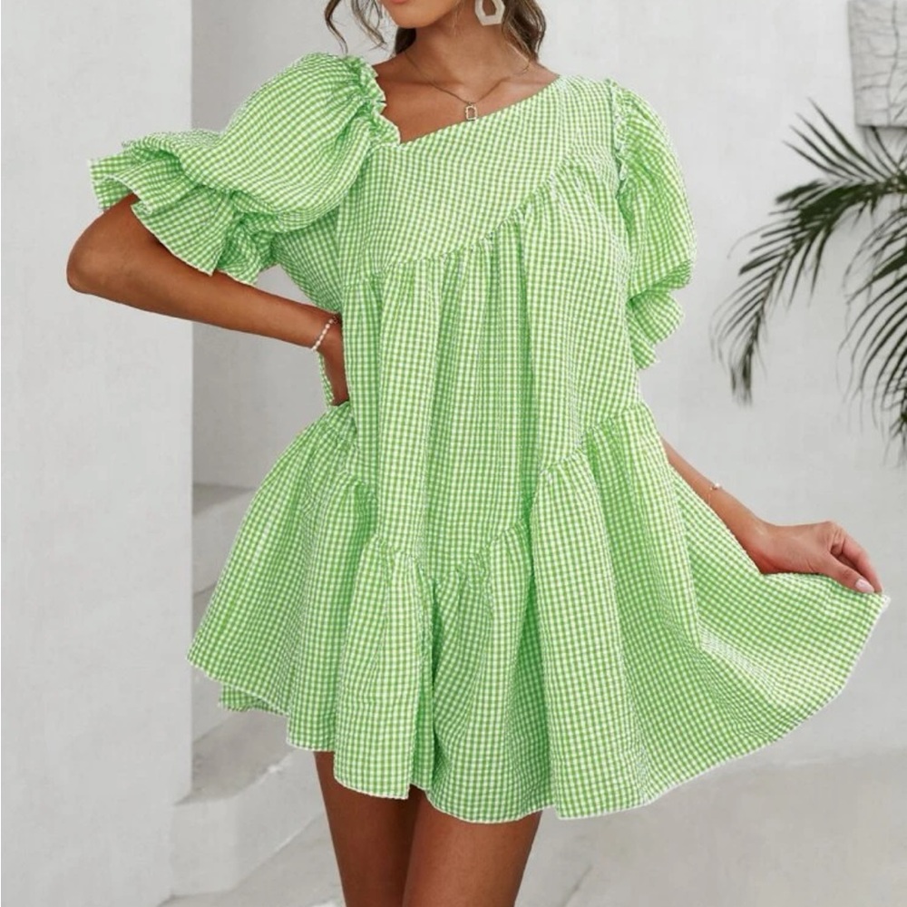 Luxe gingham plaid puff sleeve smock dress